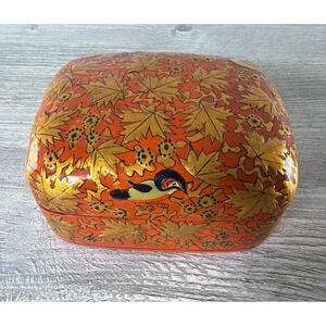 Vtg Lacquer Kashmir India Jewelry Trinket Box Orange Gold Leaves Birds Decor